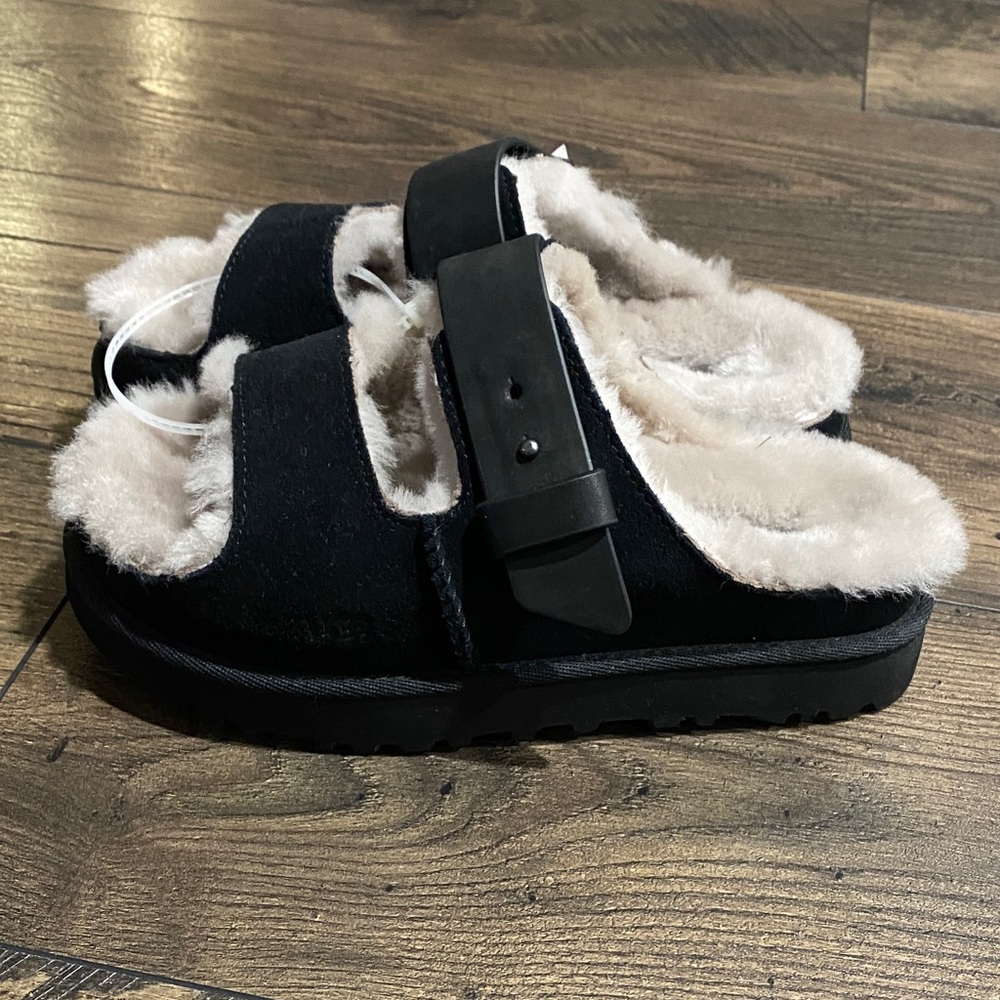 UGG Black and Cream Fuzzy Sandals
